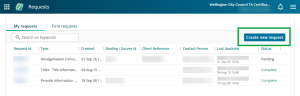 image of the Requests dashboard, with the "create new request" button highlighted at the top right of the screen.