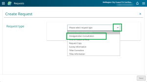 image of the Create Request screen, with the Request type dropdown open. "Amalgamation Consultaion" is highlighted in the dropdown.