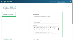 image of create Amalgamation Consultation request, with the 'request details' section highlighted.