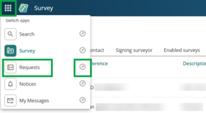 image of the app switcher in My work. The 9-dot menu is highlighted at the top left of the screen. "Requests" and the arrow next to requests are also highlighted.