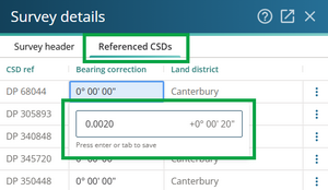 image of the Referenced CSDs tab in the Survey details panel. The Bearing correction field is highlighted.