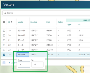 image of vector panel, highlighting the Marks field being edited. "From" and "To" are showing.
