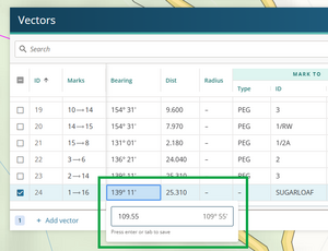 image of vector panel, highlighting the Bearing field being edited.