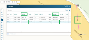 image of the vectors panel, highlighting the "bearing" and "Bearing type" fields. Both fields are empty for the selected vector. The vector is also displayed in the spatial view, and the dimensions are highlighted. Only a distance is showing.