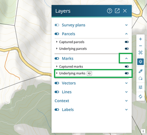 image of the layers panel, with the "expand" icon highlighted. Underlying marks is also highlighted, and turned on.