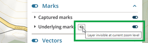 Image of the layers panel, highlighting the closed eye icon. A message reads "Layer invisible at current zoom level".