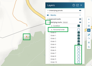 image of the layers panel, highlighting the expanded Underlying marks section. "Horizontal order" is highlighted, and lower order marks have been deselected. The required mark is highlighted in the spatial view.