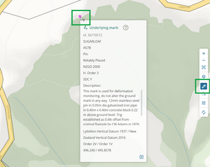 image highlighting the Inspect and Adopt tool icon in the tool bar. An underlying mark is selected, and shows pink. A pop-up underlying mark information panel is visible.