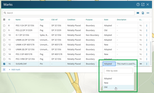 image of the marks panel. The trig mark is being edited - the "state" field is open and being changed from "Adopted" to "Old".