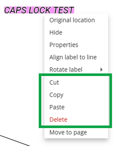 image of a selected label and its label menu. The Cut, Copy, Paste, and Delete functions are highlighted.