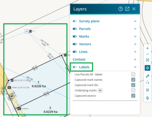 Image of the layers panel with the labels toggle highlighted and switched to off. Labels are still showing in the capture screen.