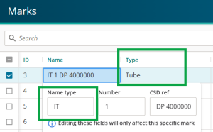 image of the marks panel, with a mark name in edit mode. The mark type and mark name type are highlighted.