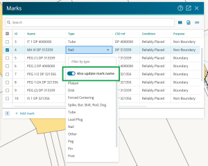 image of the mark type drop-down in the marks panel. The "also update mark name" toggle is highlighted at the top of the drop-down.