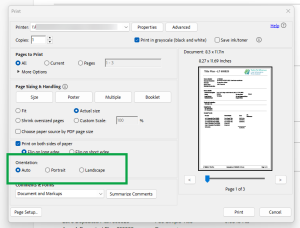 image of the print settings screen for Adobe acrobat. The 'Orientation' section is highlighted, and "auto" selected.