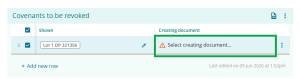 image highlighting the "creating document" field in the covenants to be revoked table.