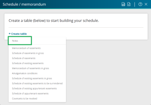 image of the table type drop-down in the Schedule / memorandum panel. Table type "notes" is highlighted.