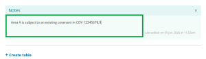 image highlighting a covenant notation being entered in the Notes table.