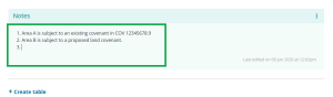 image showing multiple notations entered in the Notes table. Each notation is numbered and is on a new line.