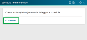 image of the schedule / memorandum panel. "Create table" is highlighted.