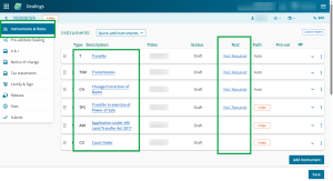 image of the instruments & roles page, highlighting the 6 NoC eligible instruments. The NoC column is also highlighted, and displays "NoC Required" next to the T, TSM, CN, and TPS instruments.