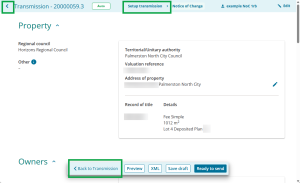 image of a NoC form, highlighting the "back to Transmission" button at the bottom of the screen, "Setup transmission" in the centre of the top ribbon, and the back arrow at the top left of the screen.