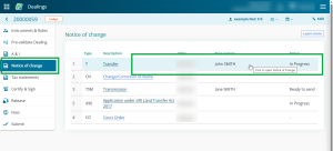 image of the Notice of Change page in a dealing. The mouse cursor is positioned over the instrument row, and a tool-tip reads "click to open Notice of Change". The area the user should click is highlighted.