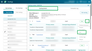 image of the dealing details panel on the dealings landing page. THe 3-dot menu next to a NoC-eligible instrument is highlighted and the menu is open. "NoC" is highlighted in the menu.