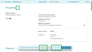 image of a NoC form, highlighting a navigation arrow next to a section heading, and teh "Preview" and "Save draft" buttons at the bottom of the screen.
