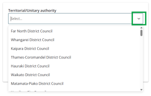 image of the Territorial/Unitary authority field in a NoC form, with the drop-down list of councils open.