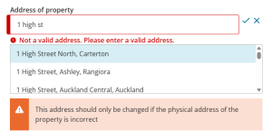image of the "Address of property" field with "1 high st" entered. A list of matching addresses is displayed in the drop-down list.