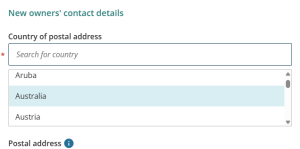 image of the "country of postal address" field. "New Zealand" has been removed and a drop-down list of countries is displayed.