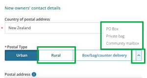 image showing the Postal type options on the NoC form. "Rural" and the "Box/bag/counter delivery" options are highlighted.