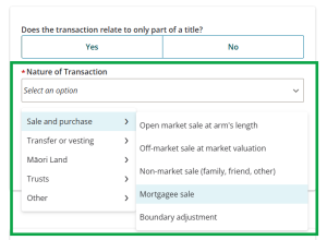 Image highlighting the Nature of Transaction field. The multi-level menu is open and the second level options for Sale and Purchase are displayed.