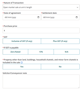 image of the fields available when "Open market sale at arm's length" is selected. Mandatory fields are marked with a red asterisk.