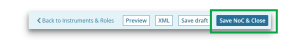 image of the bootom ribbon in a NoC form. The "Save NoC and close" button is highlighted.