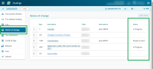 image of the Notice of Change page, highlighting the Status column.