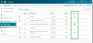 image of the Certify & Sign page, highlighting the NoC column. Orange warning triangles and green tick icons are displayed in this column.
