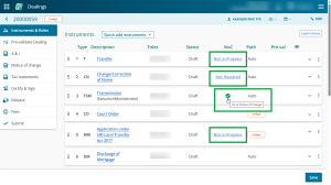 image of the instruments & roles page, highlighting NoC statuses. The mouse cursor is positioned over the green tick icon, and a tool-tip reads "Go to Notice of Change".