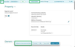 image of a NoC form, highlighting the "back to instruments & roles" button at the bottom of the screen, "Setup transfer" in the centre of the top ribbon, and the back arrow at the top left of the screen.