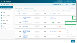 image of the instruments & roles page, highlighting the 3-dot menu next to a NoC-eligible instrument. "Notice of Change" is highlighted in the menu. 