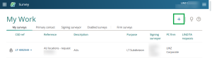 image of the top of My work page. The create survey icon is highlighted at the top tight of the screen.