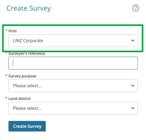 image of Create survey panel, with the Firm field highlighted at the top of the panel.
