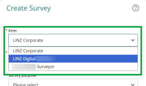 image of the firm field in Create survey. The dropdown list is open and 3 firms are available.