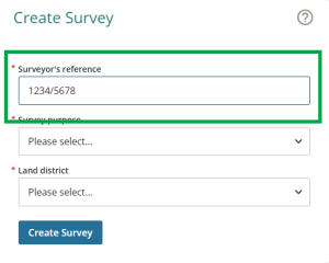 image of create survey, highlighting the Surveyor's reference field.