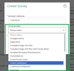 image of the survey purpose field in create survey, with the drop-down list open. Available survey purposes are listed alphabetically.