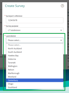 image of create survey, with the land district field highlighted. The drop-down list is open, and all land districts are listed geographically north to south.