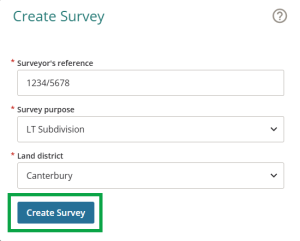 image of the create survey panel, with the "create survey" button highlighted at the bottom of the panel.
