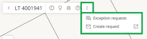 image of CSD header, highlighting the "more actions" icon. The menu is open and Exception requests and Create request is also highlighted.