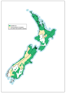 Map of New Zealand showing areas where LiDAR data is available (in green) or planned (in crosshatched yellow)