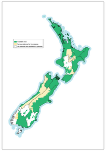 Map of New Zealand showing areas where LiDAR data is available (in green) or planned (in crosshatched yellow)